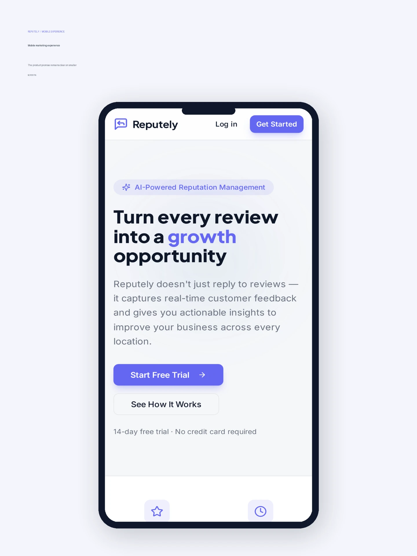 Reputely mobile landing page showing the review management proposition and actions