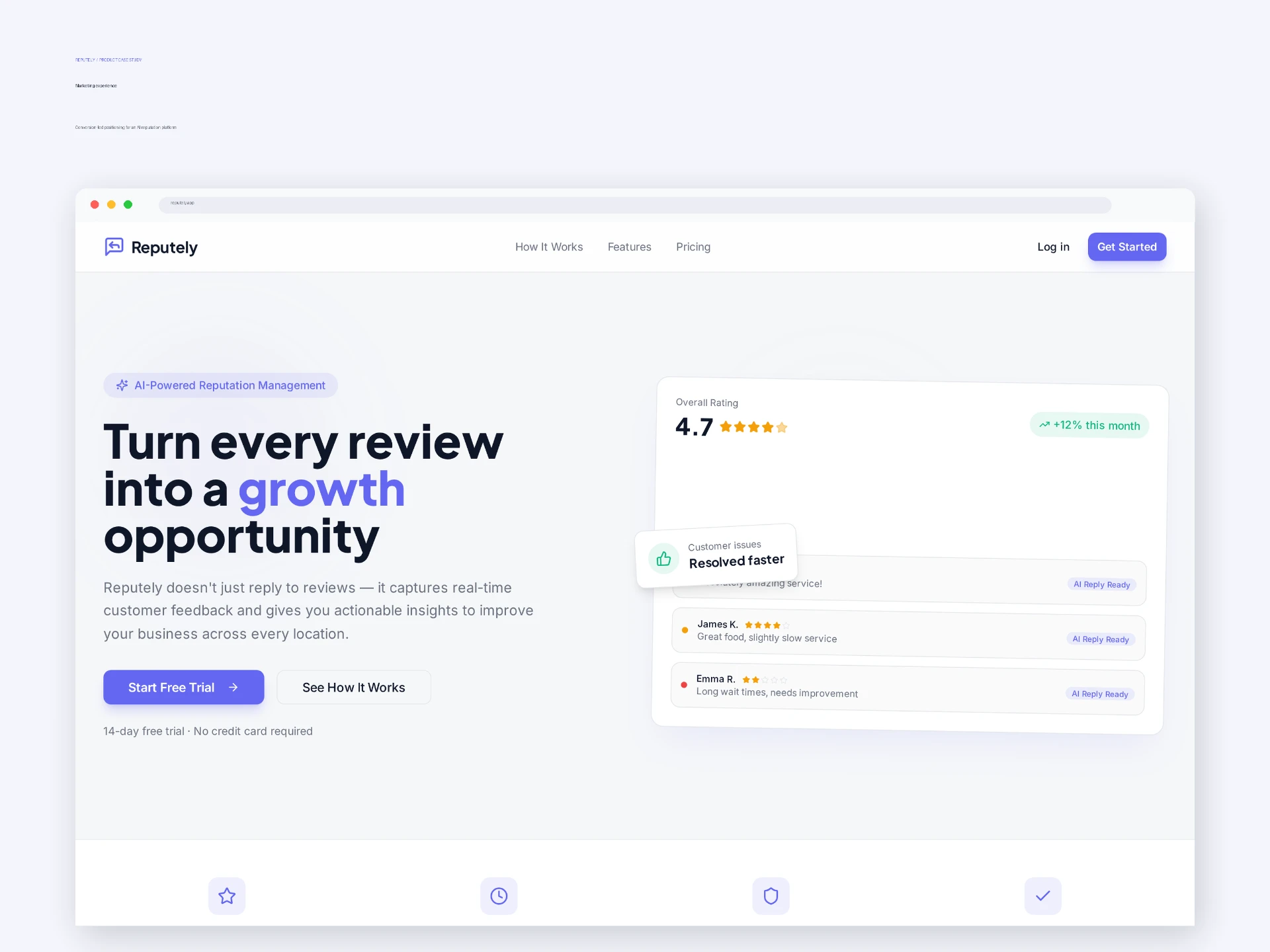 Reputely desktop landing page showing AI-powered review management and customer rating insights